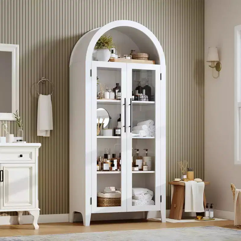 Dispensa da Cucina Ad Arco da 63,2 pollici, Scaffale a 5 Livelli con Ripiano Regolabile e 2 Grandi Ante in Vetro, per Cucina, Sala da Pranzo, Soggiorno