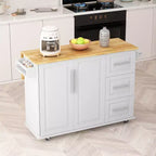 Isola cucina moderna con piano a ribalta e cassetti, carrello da cucina mobile con ripiani, armadio contenitore con tavolo da pranzo pieghevole
