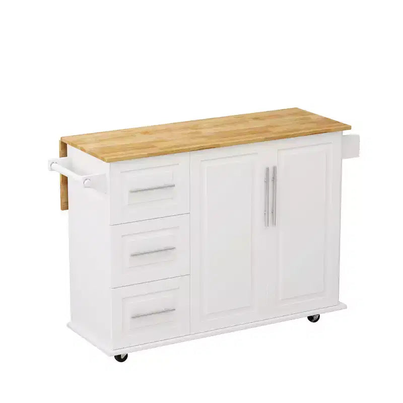 Isola cucina moderna con piano a ribalta e cassetti, carrello da cucina mobile con ripiani, armadio contenitore con tavolo da pranzo pieghevole