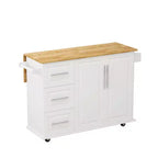 Isola cucina moderna con piano a ribalta e cassetti, carrello da cucina mobile con ripiani, armadio contenitore con tavolo da pranzo pieghevole