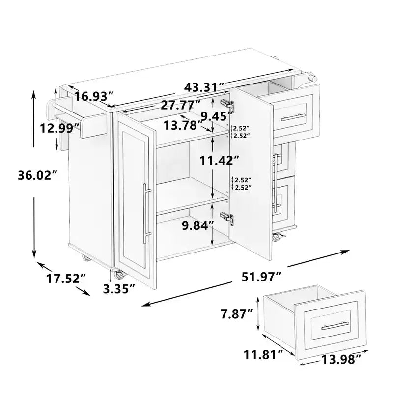 Isola cucina moderna con piano a ribalta e cassetti, carrello da cucina mobile con ripiani, armadio contenitore con tavolo da pranzo pieghevole