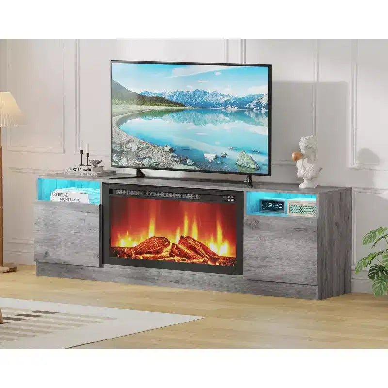Mobile porta TV moderno con illuminazione a LED, dotato di armadietti e mensole, adatto per camere da letto e soggiorni.