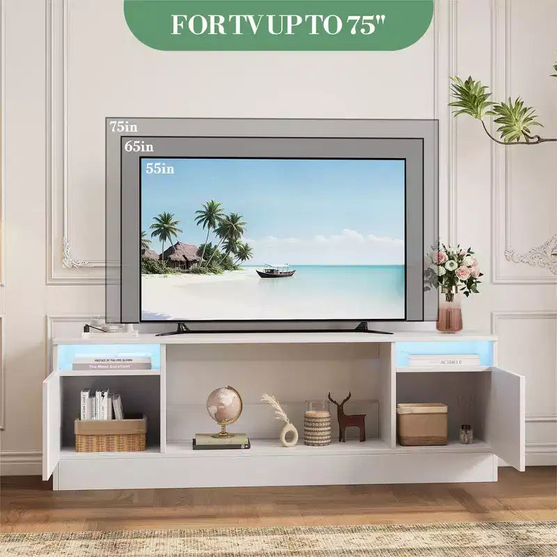 Mobile porta TV moderno con illuminazione a LED, dotato di armadietti e mensole, adatto per camere da letto e soggiorni.