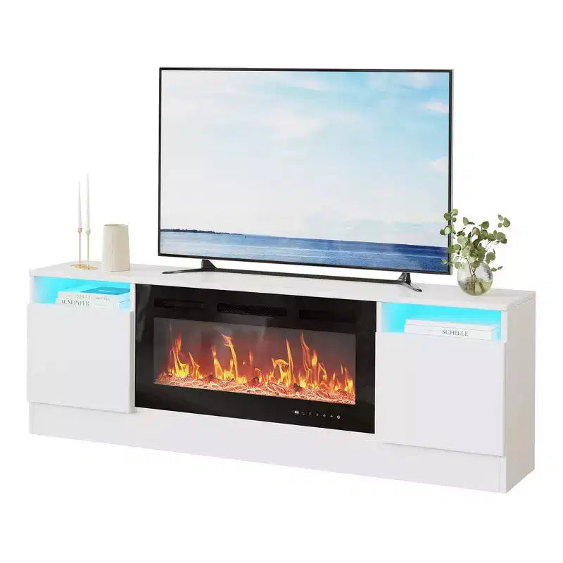 Mobile porta TV moderno con illuminazione a LED, dotato di armadietti e mensole, adatto per camere da letto e soggiorni.