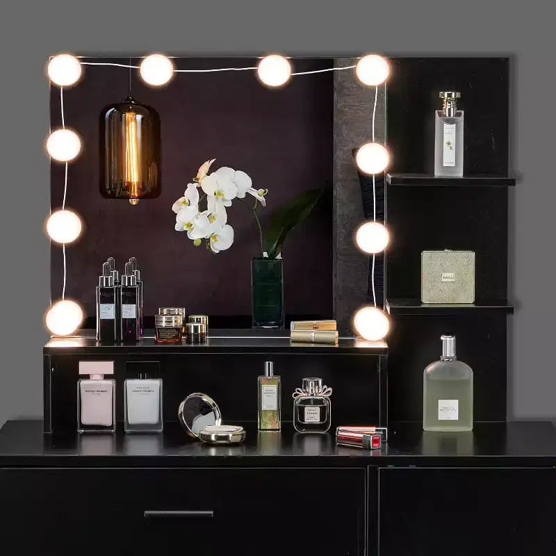 Toeletta con Specchio e Luci, Mobile Trucco con Cassetti e Sgabello per Camera da Letto, Nero