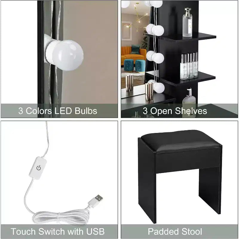 Toeletta con Specchio e Luci, Mobile Trucco con Cassetti e Sgabello per Camera da Letto, Nero