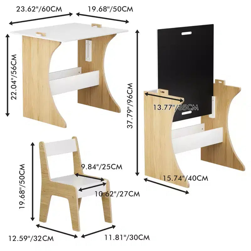 Tavolino per bambini con una sedia, tavolo studio multifunzionale in legno per bambini, piano convertibile - Bianco