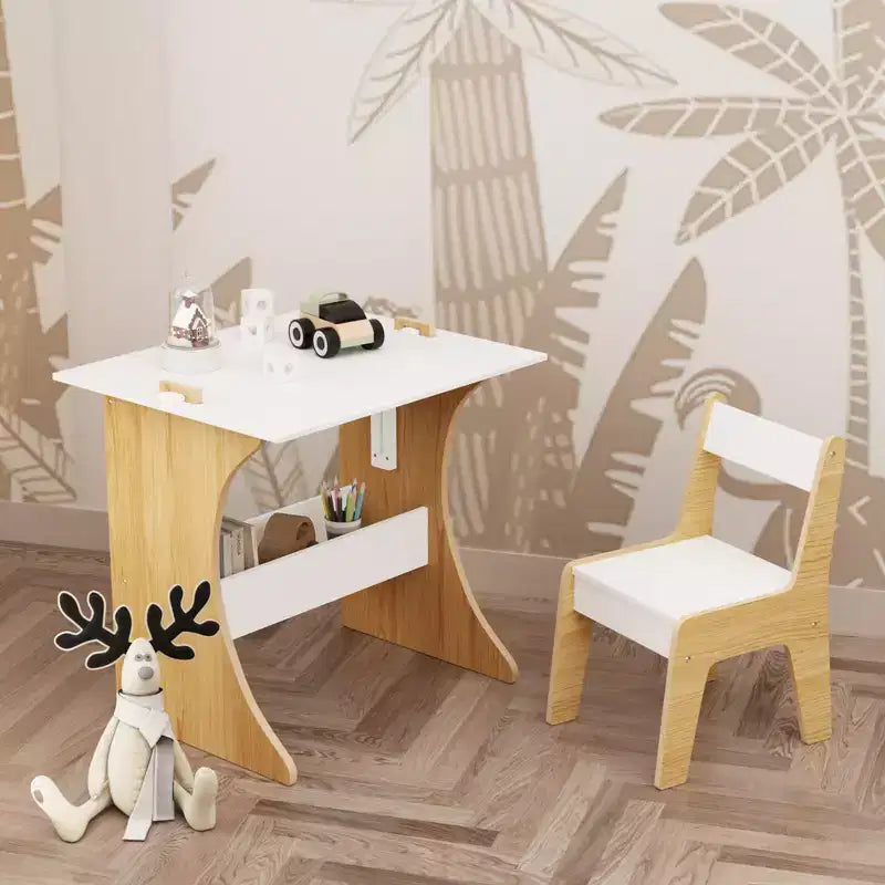 Tavolino per bambini con una sedia, tavolo studio multifunzionale in legno per bambini, piano convertibile - Bianco