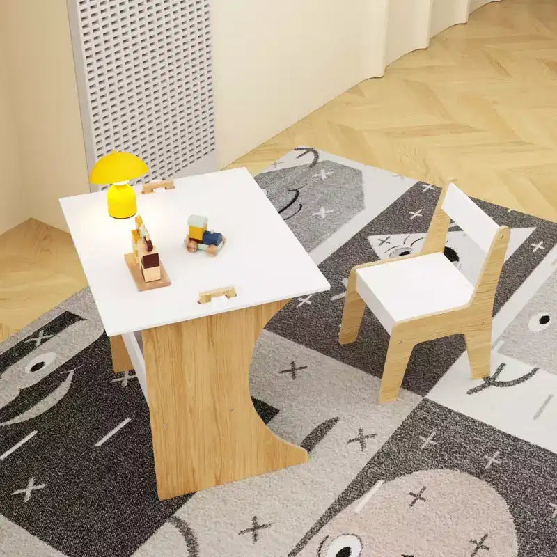 Tavolino per bambini con una sedia, tavolo studio multifunzionale in legno per bambini, piano convertibile - Bianco