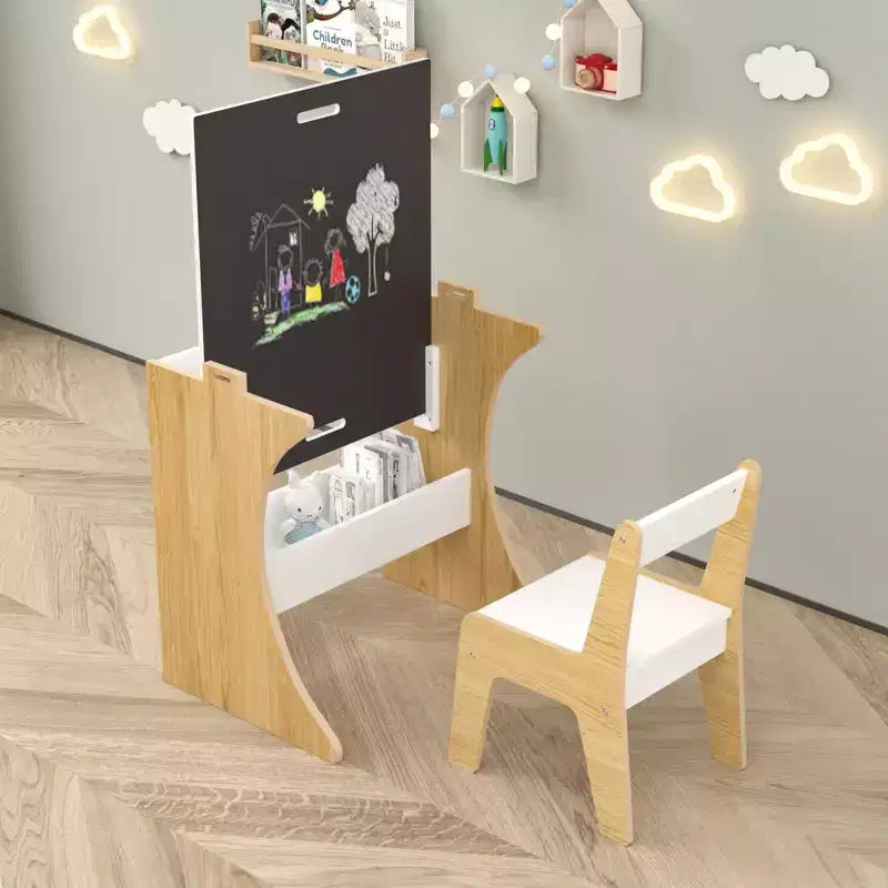 Tavolino per bambini con una sedia, tavolo studio multifunzionale in legno per bambini, piano convertibile - Bianco