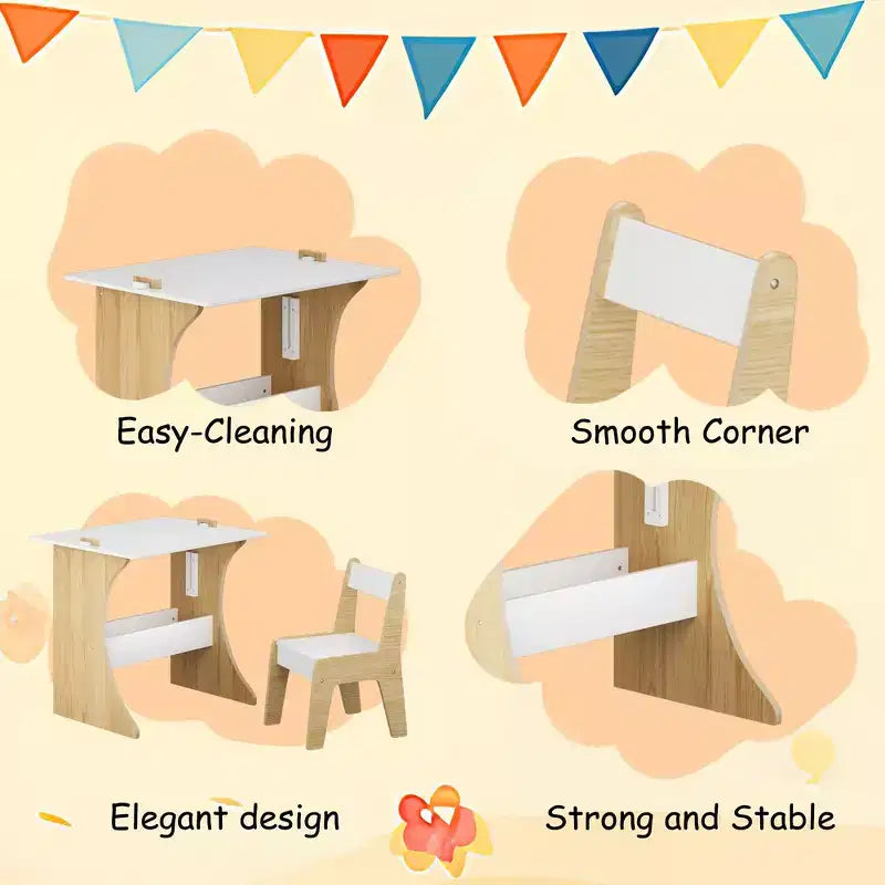 Tavolino per bambini con una sedia, tavolo studio multifunzionale in legno per bambini, piano convertibile - Bianco
