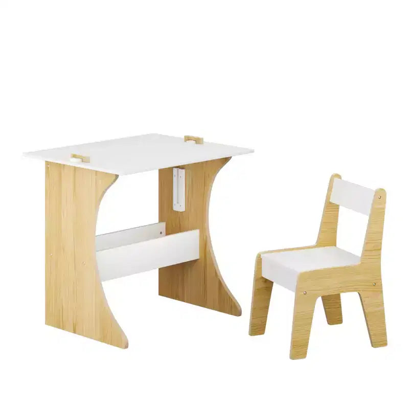 Tavolino per bambini con una sedia, tavolo studio multifunzionale in legno per bambini, piano convertibile - Bianco