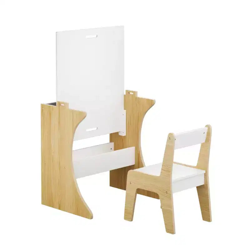 Tavolino per bambini con una sedia, tavolo studio multifunzionale in legno per bambini, piano convertibile - Bianco